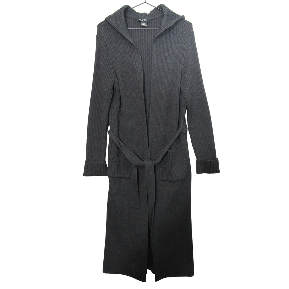 Etcetera Wool Duster Cardigan Womens M Gray Good Ribbed Hooded Belted Long Coat